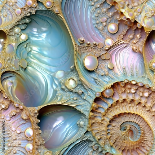 Seamless texture of Pearlescent ocean ammonite, soft pastel color shades, abstract fossil pattern, macro closeup fractal details, seashell mollusk spirals - generative ai