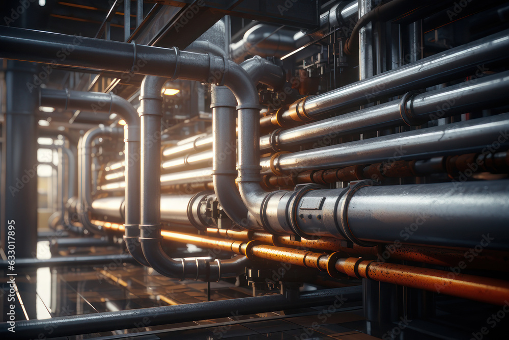 Industrial metal pipes, plumbing. AI generative. Industrial metal pipes, plumbing. AI generative.