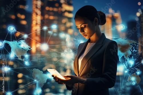 Business woman using IoT devices for digital transformation and global network connectivity.