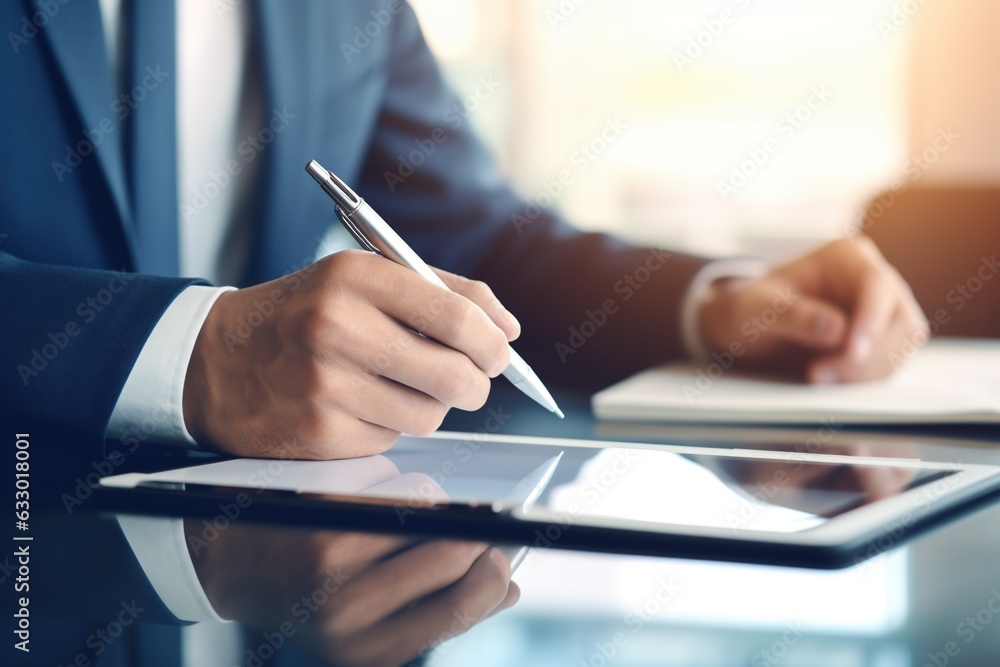 Businessman's hand using stylus on tablet screen, over shoulder view Businessman's hand using stylus on tablet screen, over shoulder view