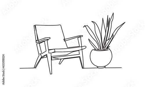 Continuous one line drawing of armchair and with potted plant. Scandinavian stylish furniture in simple linear style. Vector illustration