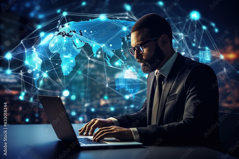 BI: Businessman analyzing sales data, strategizing with futuristic global network connection, leveraging technology and digital marketing. BI: Businessman analyzing sales data, strategizing with futuristic global network connection, leveraging technology and digital marketing.