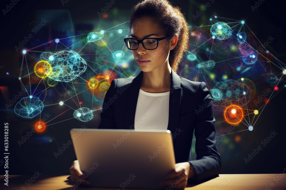 Young businesswoman using laptop with virtual screens and network icons ...