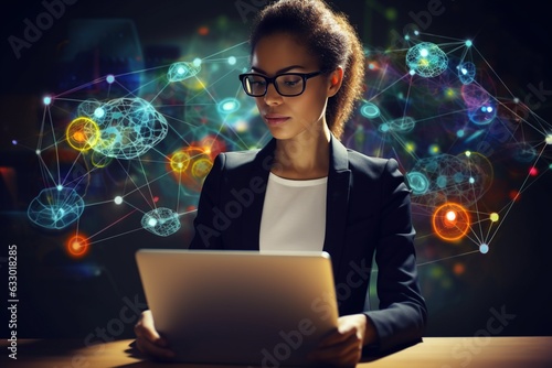 Young businesswoman using laptop with virtual screens and network icons in IoT concept, showcasing internet network technology.