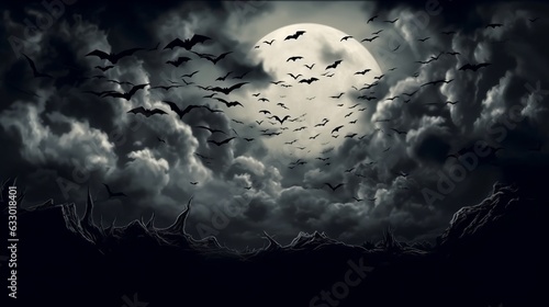 Illustration of a spooky Halloween night with bats flying in the sky