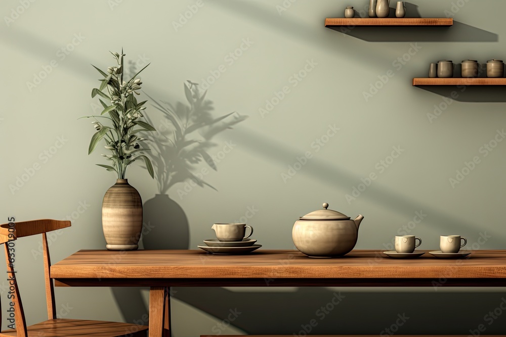 A trendy and simplistic dining room design featuring a wooden table, teapot and cups, fruit tray, and sophisticated decorations, all in a soothing eucalyptus color. It comes fully furnished and can be A trendy and simplistic dining room design featuring a wooden table, teapot and cups, fruit tray, and sophisticated decorations, all in a soothing eucalyptus color. It comes fully furnished and can be