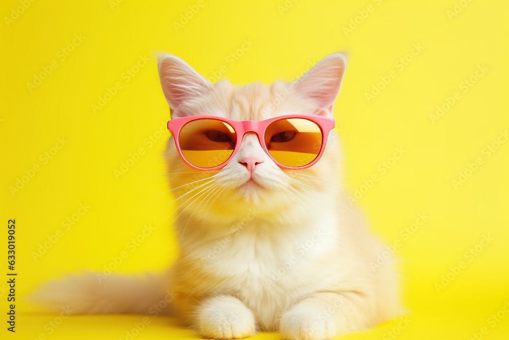 close up portrait of funny cat wearing sunglasses isolated on yellow background, with copy space