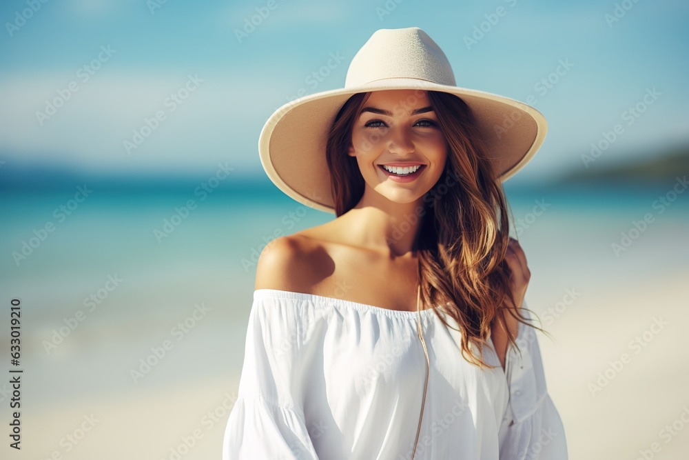 beautiful young woman in white dress and hat enjoying the sea view