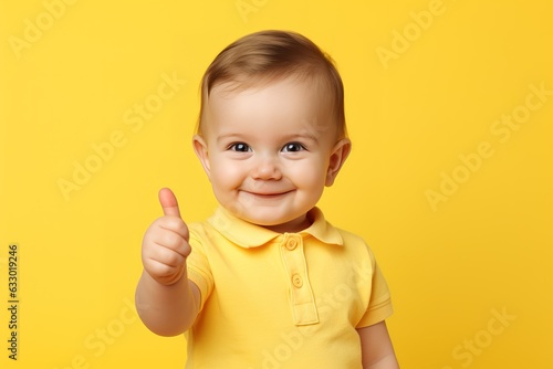Leinwand Poster a toddler giving a thumbs up on yellow background