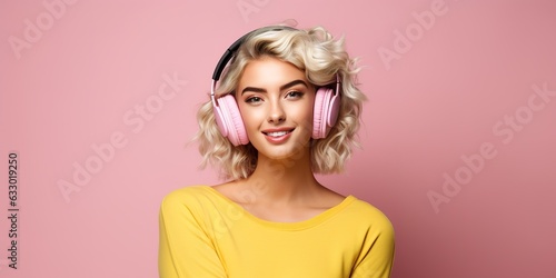girl with headphones, music banner concept, pink background with empty space