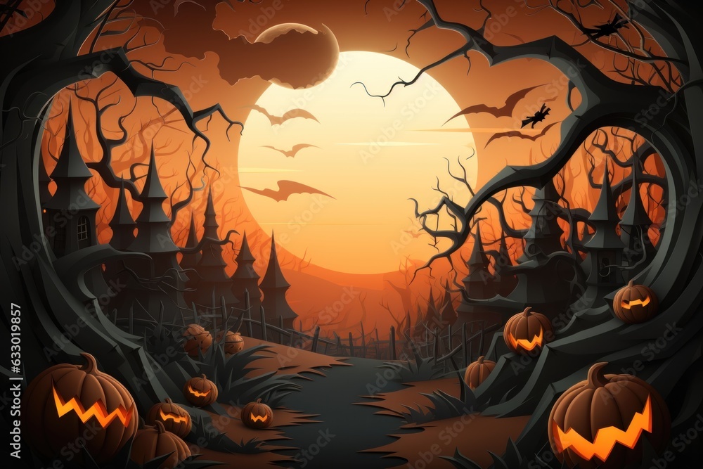 spooky Halloween forest with scary black trees and pumpkins on the ground, generative ai