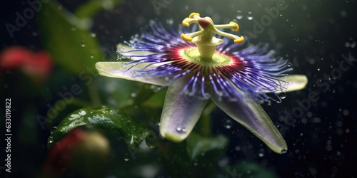 Magnificent passionflowers with raindrops. Image for a postcard. Generative AI