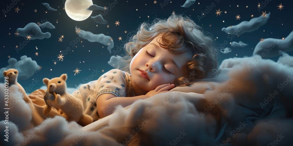 A little baby sleeps on a fluffy cloud close-up, theme of children's dreams