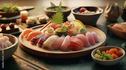 Tasty salmon slices  shrimp  cucumber and tuna on wicker mat  closeup. Delicious sashimi set  generative ai