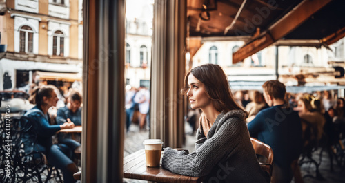 immagine primo piano di giovane donna dai capelli castani  seduta al tavolo di una affollata caffetteria, sguardo sognante, sfondo con persone photo