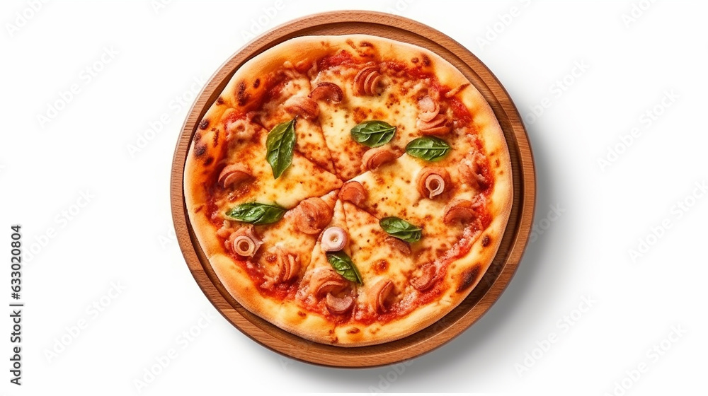 italian pizza on wooden board with white background, generative ai