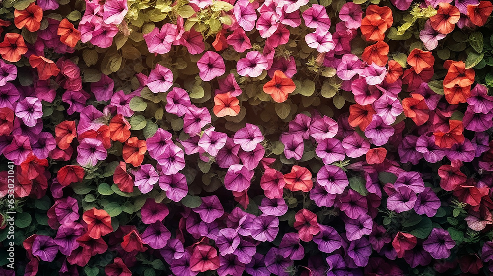 colorful petunia flowering plant flowers and green leaves wall background, generative ai