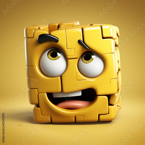 Cube shaped emoticon with a surprised face, 3d style