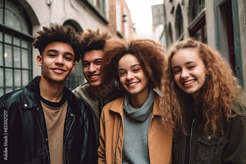 Multiracial group of happy young friends standing on street and having fun together at autumn city outdoors