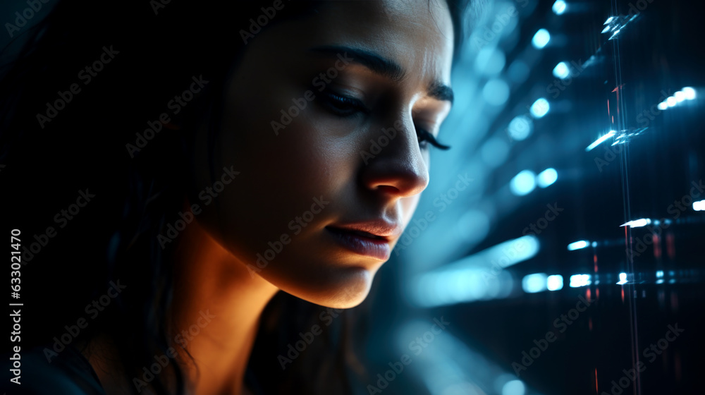 Girl closeup, futuristic concept of modern technology progression. Generated with AI Girl closeup, futuristic concept of modern technology progression. Generated with AI