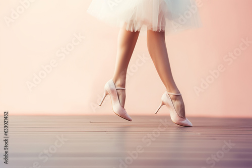 detail of ballet dancer feet in high heels on a pastel pink background, minimalist