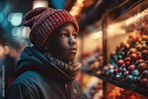 Portrait of  Black American Child on the street looking at Christmas showcase Christmas candies, cinematic lighting, Generative AI. photo