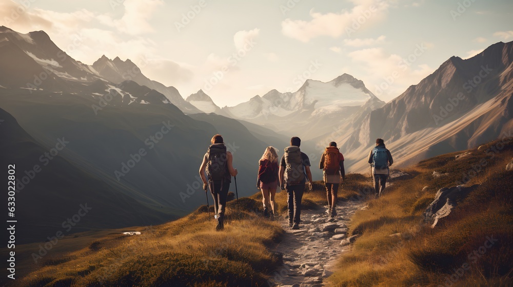 Group of people walking at the top of the mountain at sunrise view.