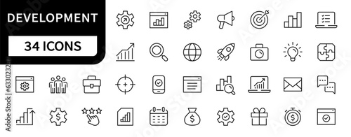 Development line icons set. Web development icon collection. Marketing, Startup, Analytics symbols. Vector