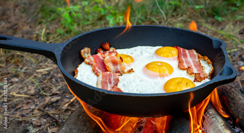 eggs and bacon cooking with oil in a cauldron