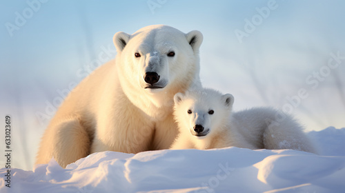 Polar bear mom and cub in the snow photo