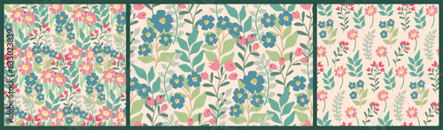 Wallpaper Mural Seamless floral pattern, liberty ditsy print with wild meadow in a set. Delicate botanical design in pastel colors: small hand drawn flowers, leaves, branches on white background. Vector illustration. Torontodigital.ca