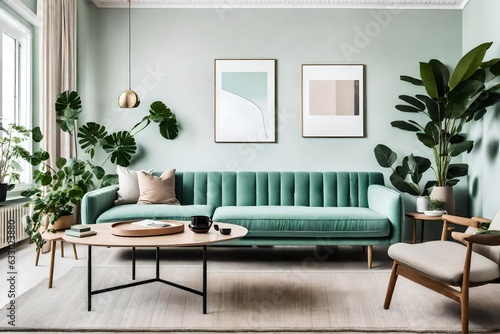 modern living room with sofa and paintings on wall  luxury lifestyle  modern interior - Generative AI