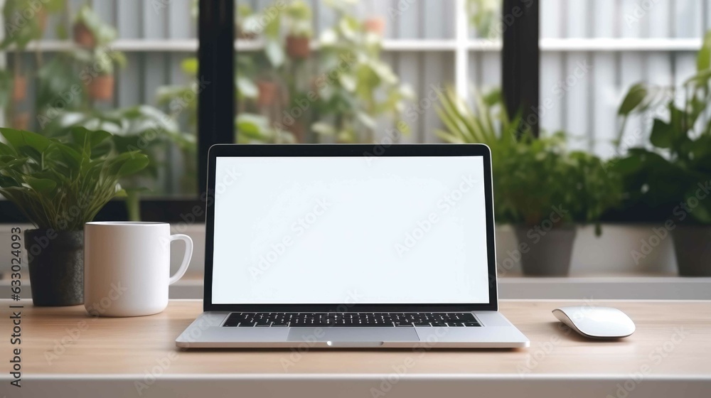 Close-up of a laptop blank screen mockup at coffee shop created with Generative AI. Close-up of a laptop blank screen mockup at coffee shop created with Generative AI.