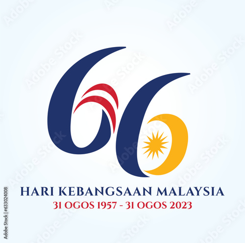 Kuala Lumpur - Malaysia. August 31, 2023: 66 Selamat Hari Kebangsaan Malaysia (Translation: Happy Malaysia National Day). Independence Day of Malaysia. 1957 - 2023. Vector Illustration.