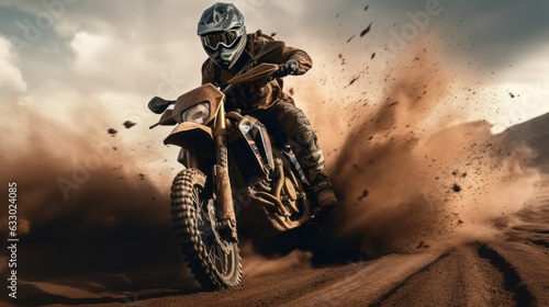 Motocross racer accelerating in dust track. motocross bike in a race representing the concept of speed and power in extreme man sport. Generative Ai. © Kowit