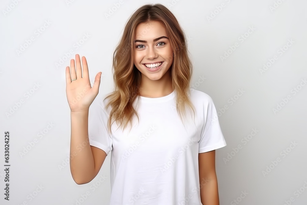 Friendly smiling white girl waving hand to say hi, greeting someone. over isolated white background Friendly smiling white girl waving hand to say hi, greeting someone. over isolated white background
