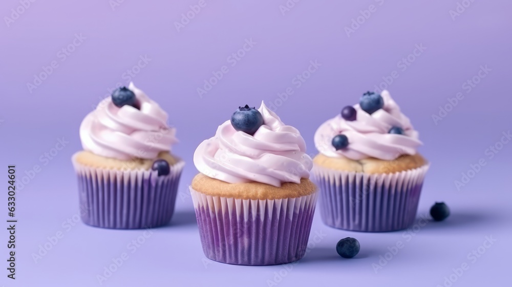 Illustration of delicious cupcakes topped with fresh blueberries and fluffy whipped cream