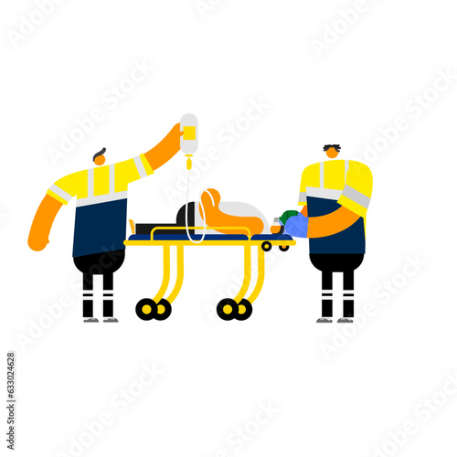 Cartoon characters of emergency medical care and transportation by ambulance staff.