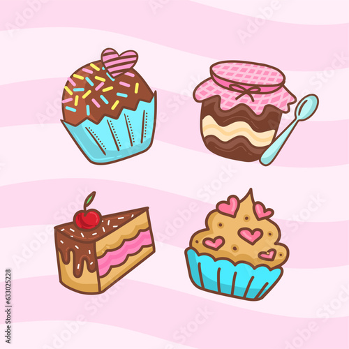 Cute set of sweets in drawing. Brigadeiro  Pot of cake  slice of cake and cupcake.