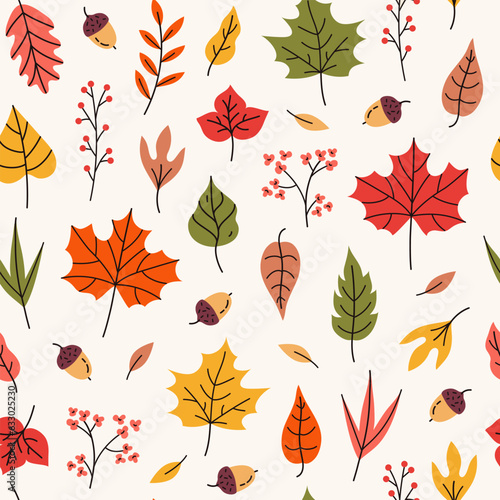 Seamless autumn pattern with colorful leaves, acorns, berries, flowers. Fall seasonal print. Hand drawn vector illustration.
