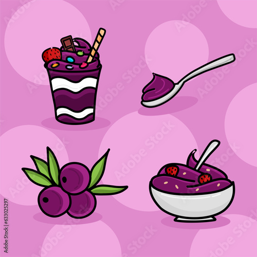 Set of glass bowl, bowl and cup with açaí (acai) smoothie with fruits such as strawberry and banana vector