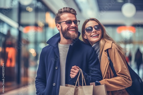 happy young couple with shopping bags in mall - couple shopping in mall