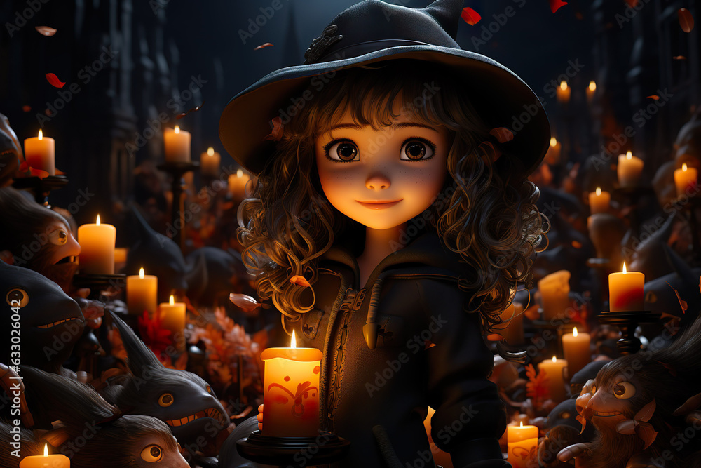 Fototapeta premium Little girl in a witch's hat with candles. Halloween background. 