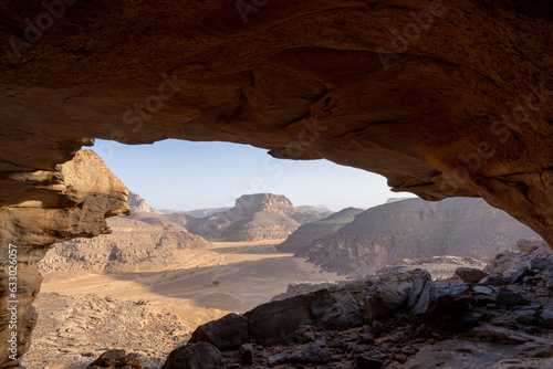 view in the Sahara desert of Tadrart rouge tassili najer in Djanet City ,Algeria.colorful orange sand, rocky mountains