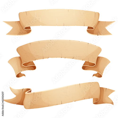 Set Parchment paper scroll ribbon, old vintage banner game ui element in cartoon style isolated on white background.