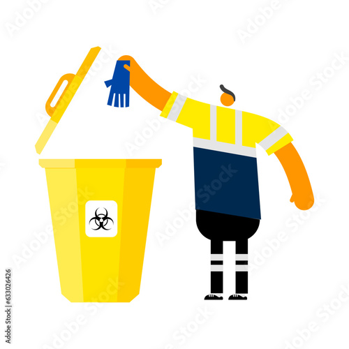 A provider are throwing infected things or biohazard material to biohazard bin.