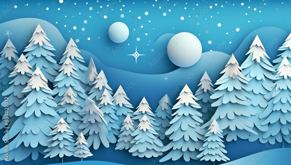 art merry blue origami background paper christmas winter tree abstract snowflakes. Generative AI.