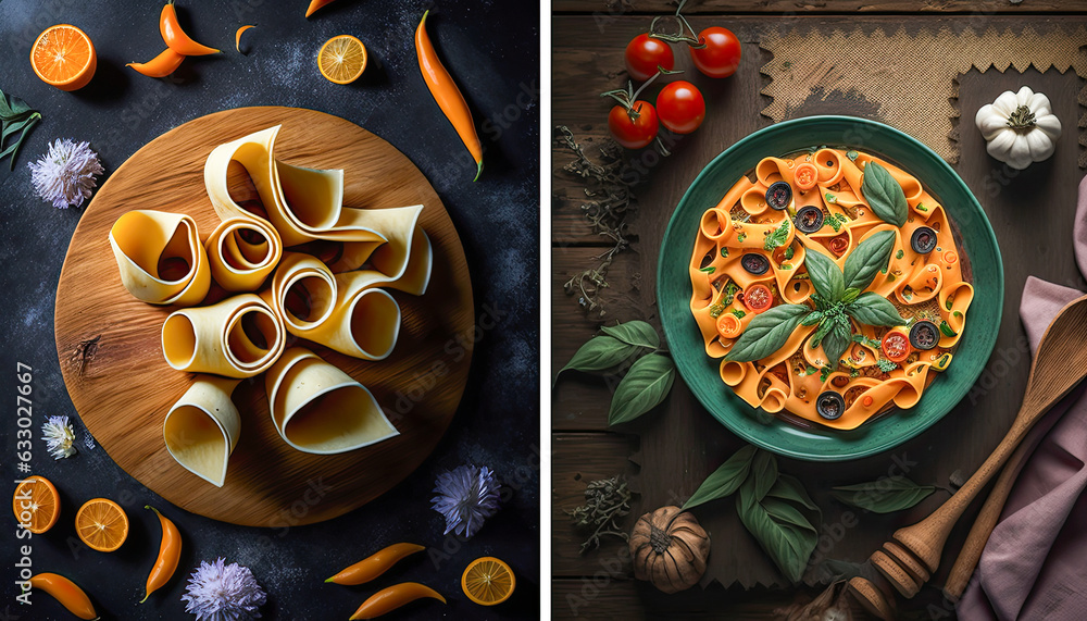 Detail of plate with handmade paccheri pasta with fresh ingredients - Generative AI