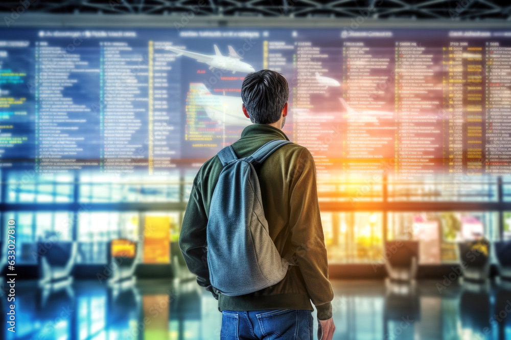 A young man wearing casual clothes stands beside an information display board at the airport. With a backpack behind the back, he awaits his flight A young man wearing casual clothes stands beside an information display board at the airport. With a backpack behind the back, he awaits his flight