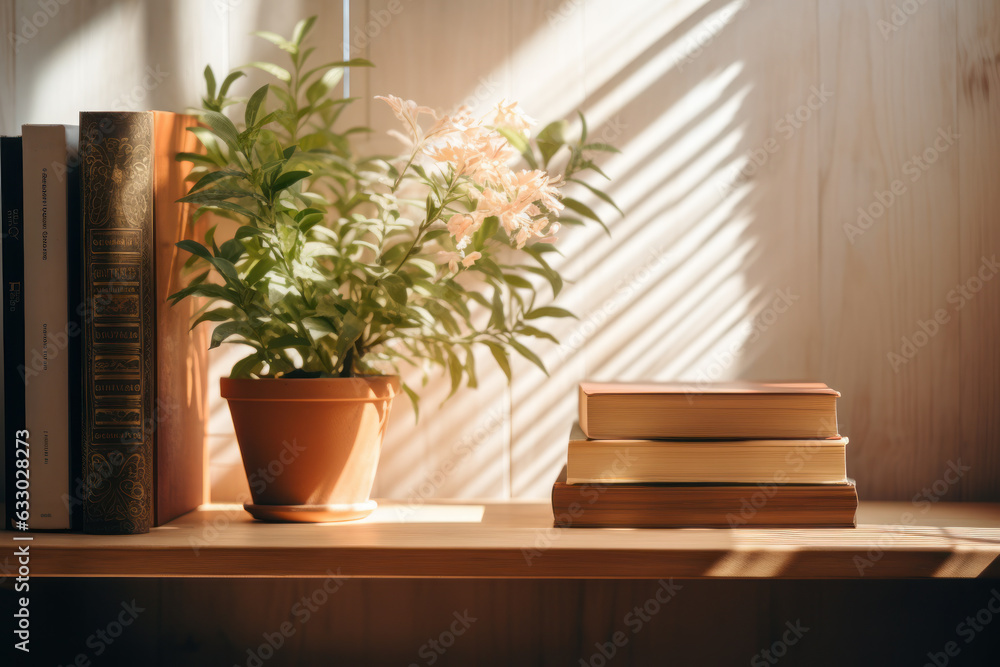 Shelf with plant and books in boho style, sun rays. v